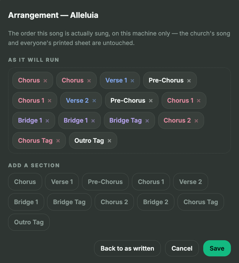 The arrangement panel for Alleluia, showing the order the song will run as removable chips, a palette of sections to add, and a Back to as written button.