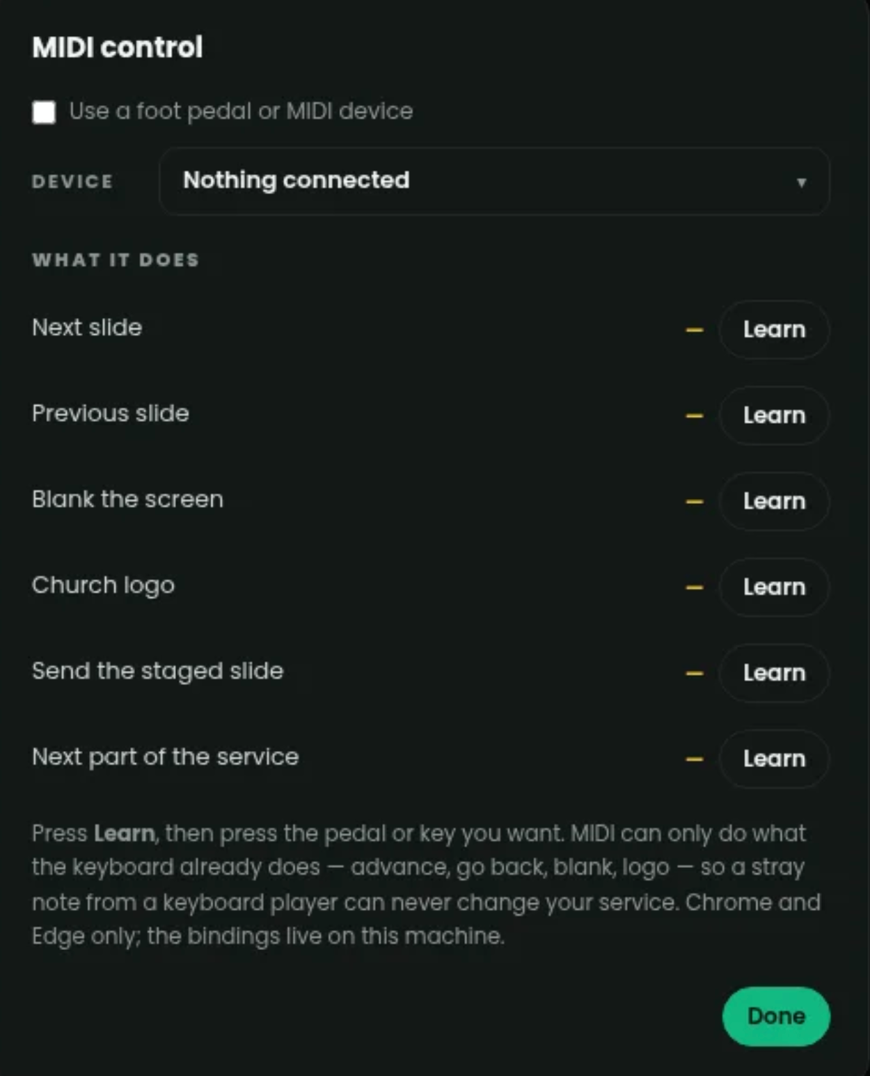 The MIDI control panel: a checkbox to use a foot pedal or MIDI device, a device selector, and a Learn button beside each of six actions — next slide, previous slide, blank the screen, church logo, send the staged slide, and next part of the service.
