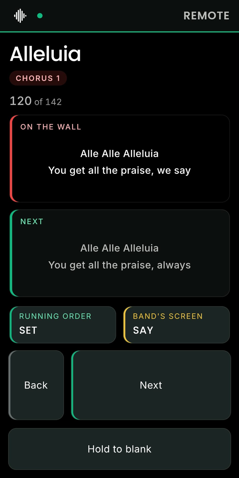 The phone remote: the song title Alleluia, a Chorus 1 tag, slide 120 of 142, a red-edged panel headed ON THE WALL showing the two lines the congregation is reading, a green-edged NEXT panel showing the two coming, and Back, Next and Hold to blank.